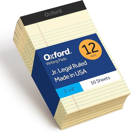 Oxford Legal Pads, 12 Pack, Note Pads, 50 Jr. Legal Ruled 5" x 8" Sheets, Canary Yellow Paper with Firm Back, Small Portable Notepads, Proudly Made in the USA