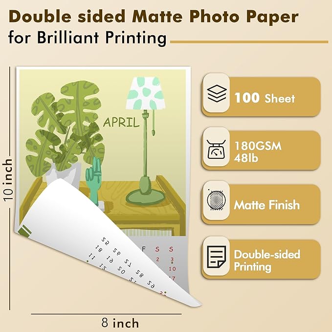 Koala Photo Paper Double-side Matte 8X10 Inches Compatible with Inkjet Printer 48LB for Presentation 100 Sheets 180GSM
