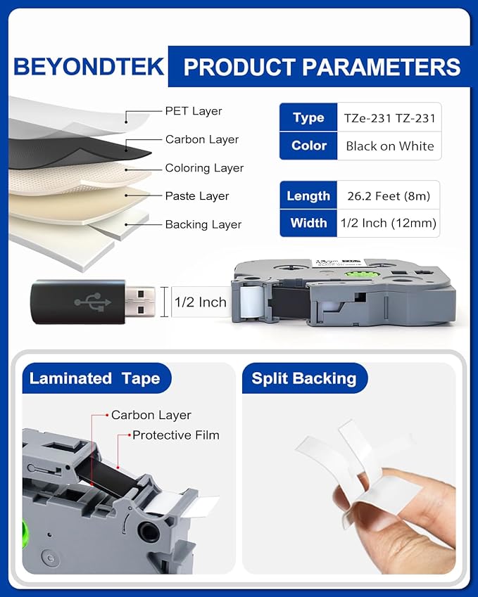 TZE-231 Compatible for Brother P Touch Tze Tz Black on White 12mm 0.47 Tape P Touch Label Maker Black on White Tape for Brother PT-D200 PT-D210 PTH100 PT-D400, 0.47" x 26.2'(12mm x 8m), 4 Packs