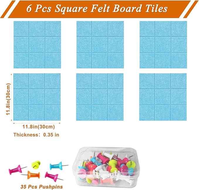 Large Square Felt Cork Board Tiles, Self Adhesive DIY Felt Bulletin Board Pin Board with 35 Pushpins for Office School Home Wall Decor Stickers Memos Photos Display (Sky Blue)