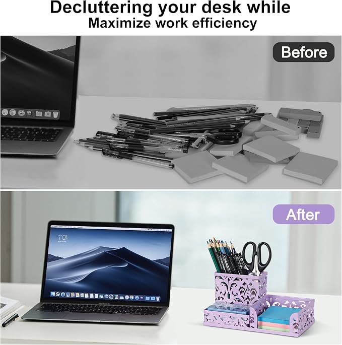 EasyPAG Desk Organizer 3 Compartment Pen Holder for Desk Office Supplies Caddy with Sticky Notes Holder for School Home, Purple