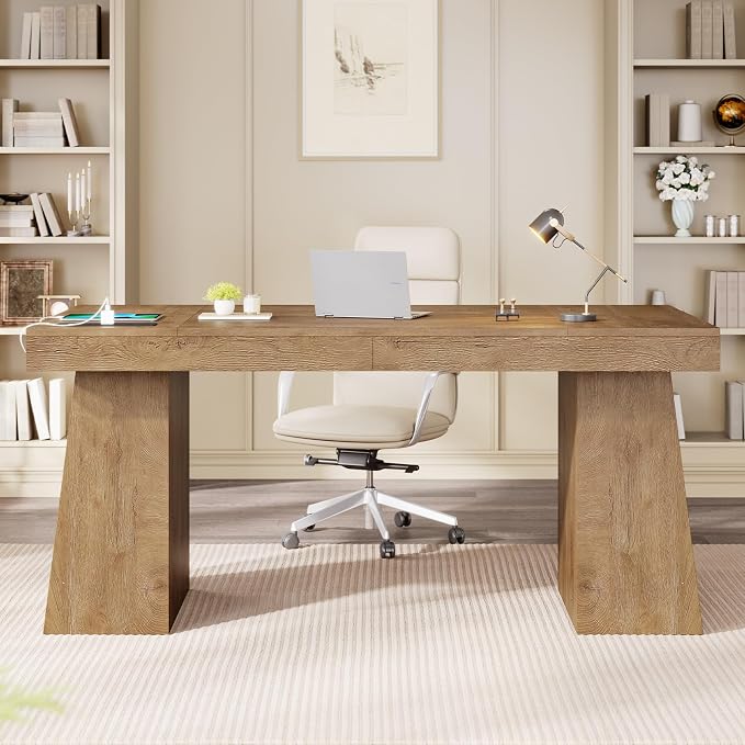 55.9 in Executive Desk with Power Outlets, Modern Home Office Desk with Storage Cabinet, Wood Computer Desk Business Workstation Desk Conference Table, Oak (Storage Cabinet)