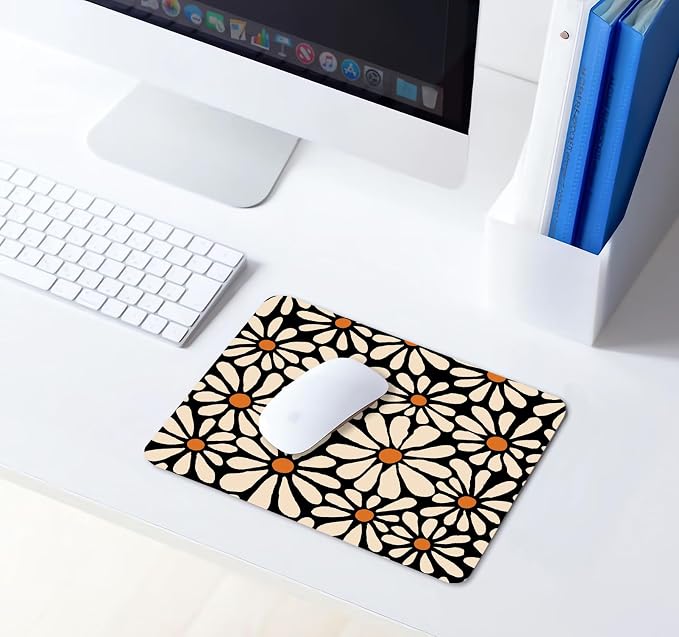Square Beige White Flowers Mouse Pad Small, Cute Daisy Floral Computer Pad, Non-Slip Rubber Boho Retro on Black Mousepad, Minimal Computer Pad Decor Gift, Coworker Gift for Girl Women, 9.5x7.9 inch