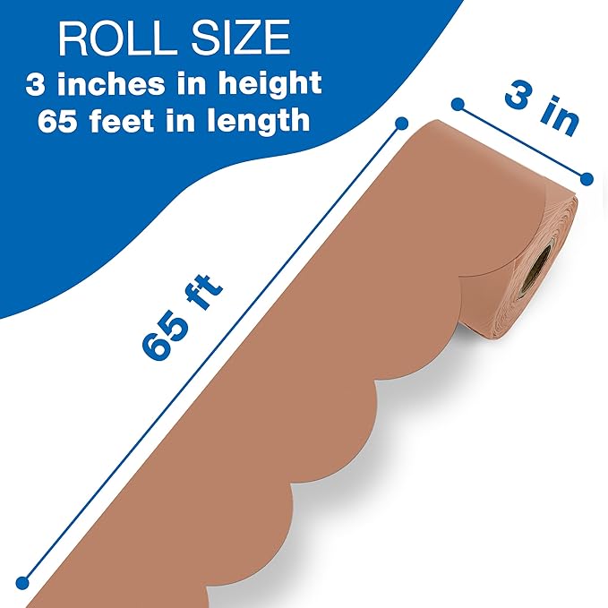 Carson Dellosa 65Ft of Cinnamon Spice Bulletin Board Borders, 1 Roll of Brown Scalloped Trim for Rolling Whiteboard, Cork and Posterboard, Party, Thanksgiving, Classroom Decorations, and Fall Decor