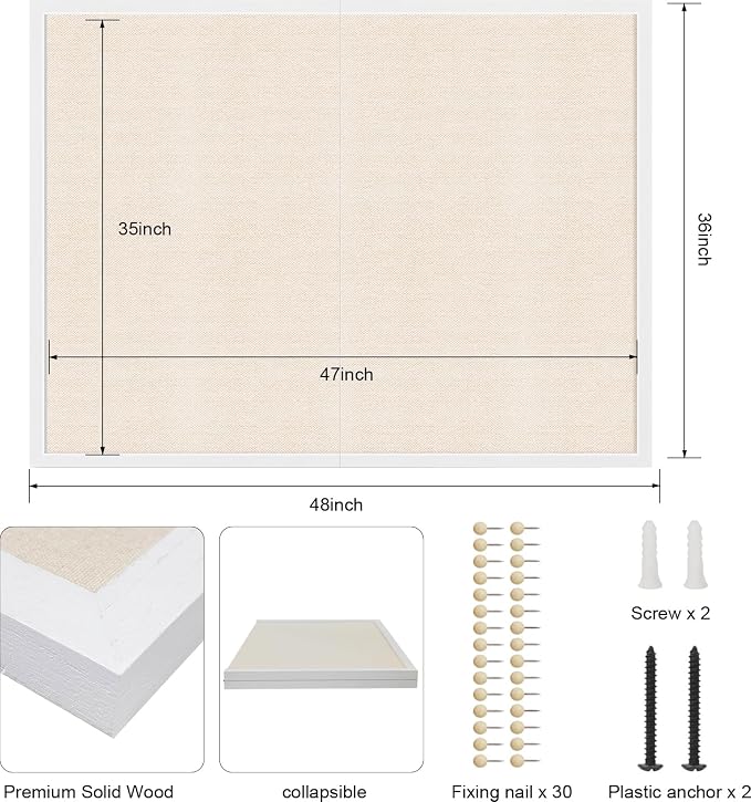 Large Bulletin Board 48x36 inch with Linen Cork Boards Wall Decor Hanging Pin Wood Framed Display Bulletin Cork Photo Picture Board Light for Room School Office 30-Pushpin White