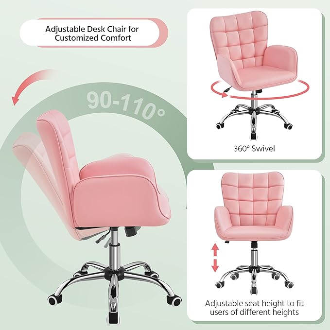Yaheetech Modern Faux Leather Office Chair Ergonomic Adjustable Vanity Makeup Chair with Padded Armrests Big Seat for Office, Study, Home, Pink