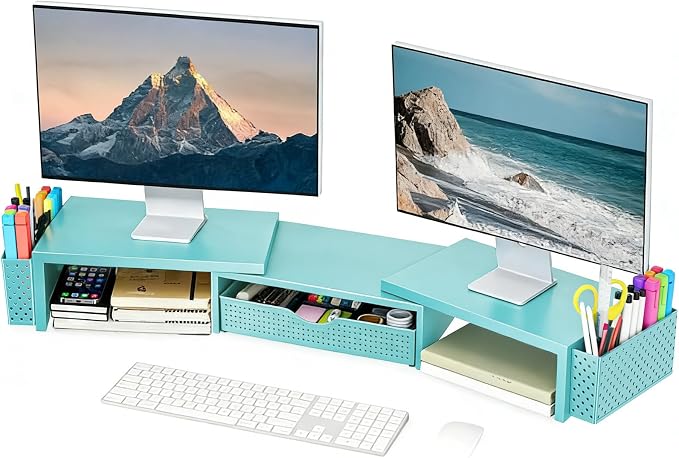 Spacrea Metal Desk Organizers and Accessories, Dual Monitor Stand Riser with Drawer and 2 Pen Holders, Desk Accessories & Workspace Desktop Organizers for Office Supplies (Blue)