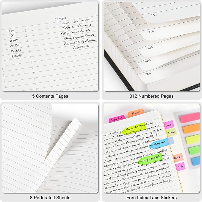 5 Pack College Ruled Notebook Bulk, A5, 312 Numbered Page Thick Journal Set | Cost-Effective 5 Pack 1600 Pages Total, 100gsm No Bleed Paper, Leather Hardcover, Lay-Flat, for Writing, Work, Employee Gifts