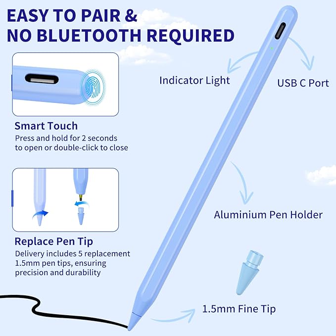iPad Pencil for 9th & 10th Generation, Fast Charge Stylus Pen for Palm Rejection and Tilt Sensitivity, Compatible with iPad Pro 11/12.9in, Mini 5/6, iPad 6/7/8/9/10, Air 3/4/5 (Blue)