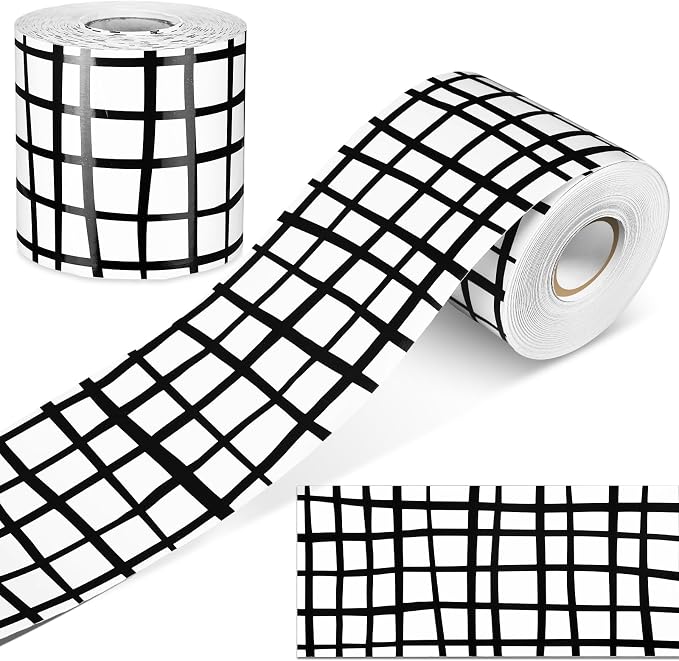 Zonon 65 Feet Bulletin Board Borders Black White Grid Striped Rolled Trim | Straight Scalloped Wavy Edges, Classroom Back to School Decor, Polka Dot Compatible, Office Display, Rolled Trim Design