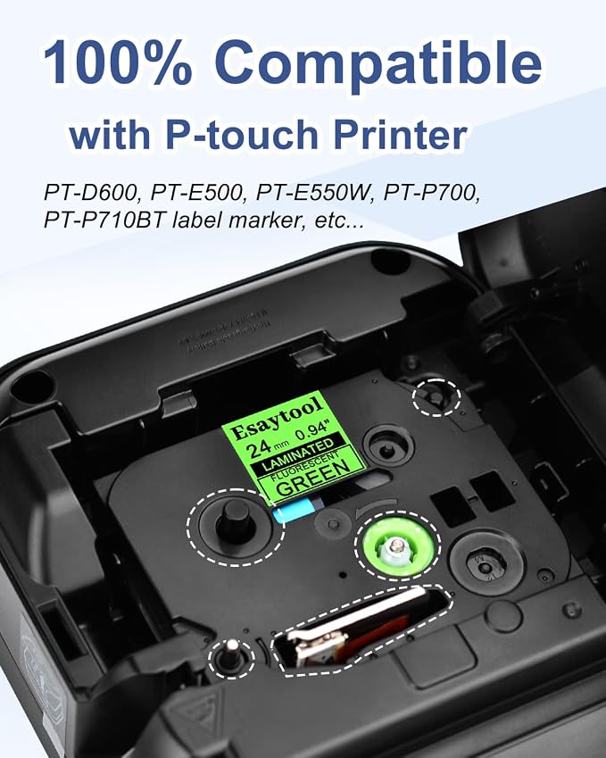 5 Pack Esaytool Replacement for P-Touch TZe-D51 TZeD51 TZD51 24mm 0.94 Black on Green Fluorescent Laminated Compatible with Ptouch PT-D600 P750W P700 E500 PT-P710BT Label Maker