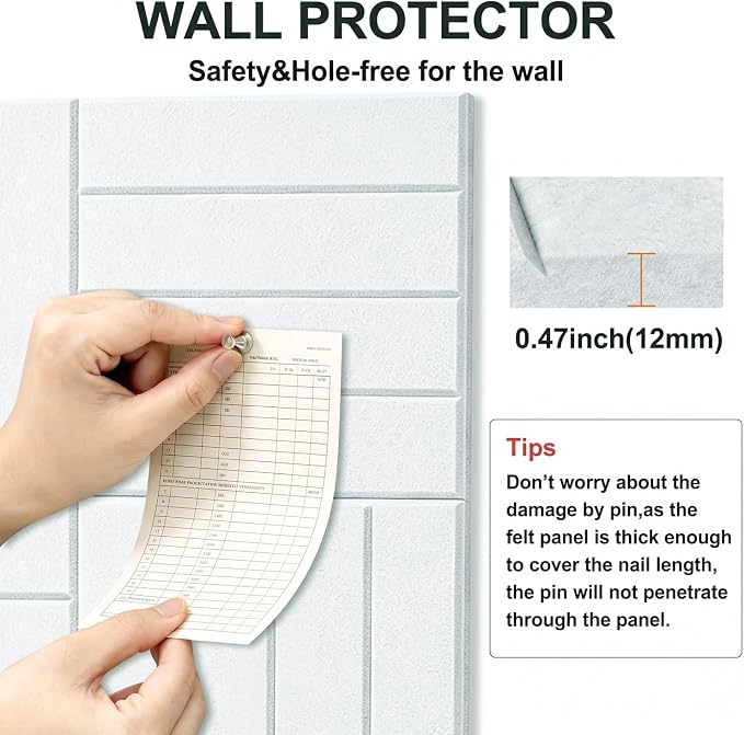 0.47" Thick Felt Wall Tiles 48"x36" Cork Board Alternative 12 Pack 11.81"x11.81"Felt Bulletin Board Pin Board with Removable Adhesive Tape&60 Pushpins for Home Office School(Bold-White)