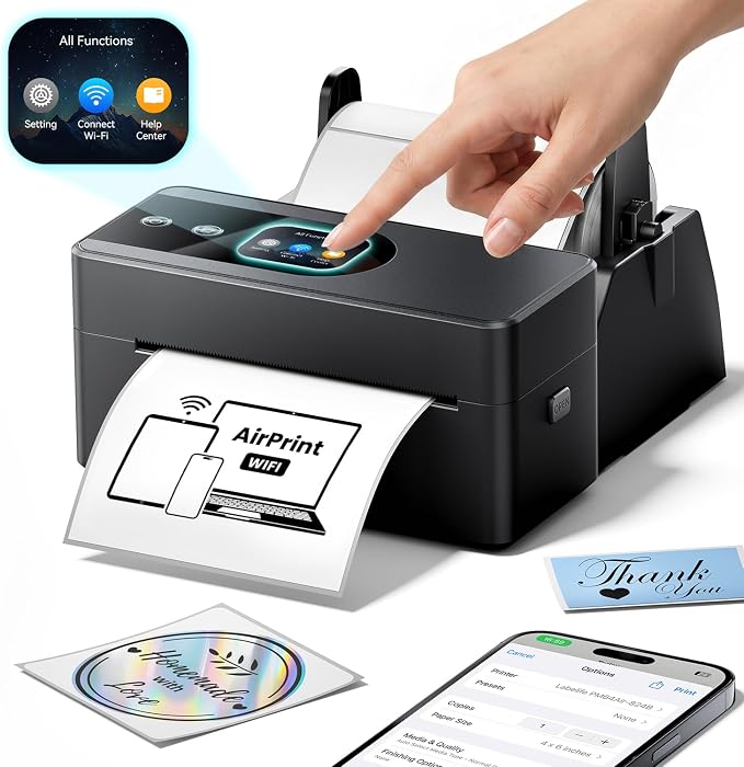Phomemo AirPrint Touchscreen Thermal Label Printer with Label Holder | PM64Air wireless Wi-Fi shipping label printer for small business, compatible with iOS, Android, Windows, Mac, Amazon, Shopify
