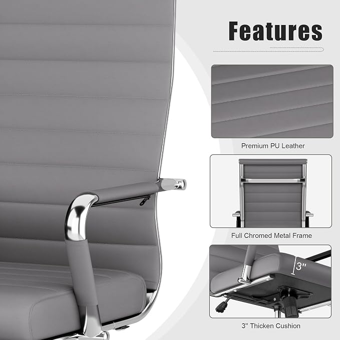 Okeysen Office Desk Chair, Ergonomic Leather Modern Conference Room Chairs, Executive Ribbed Height Adjustable Swivel Rolling Chair for Home Office Set of 1. (Grey)