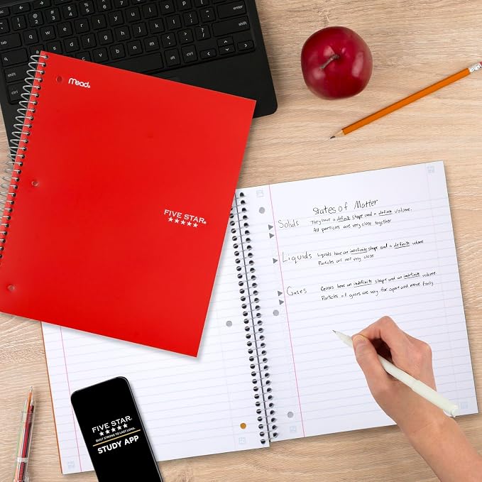 Five Star Spiral Notebook + Study App, 5 Subject, Wide Ruled Paper, Fights Ink Bleed, Water Resistant Cover, 8" x 10-1/2", 200 Sheets, Fire Red (72041) (Pack of 2)