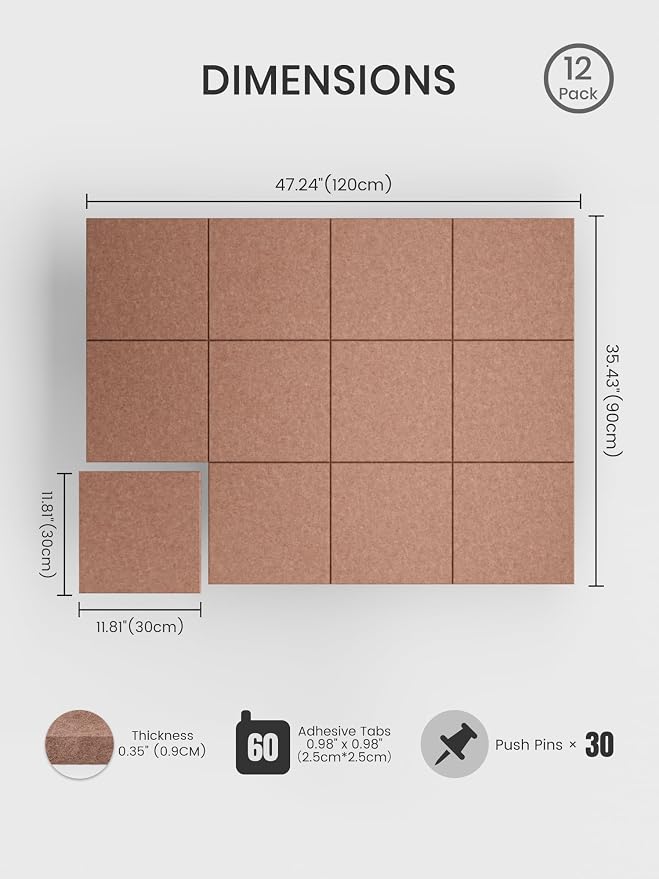 Bumusty 48"x 36" Large Felt Bulletin Board Tiles, Terracotta | 12-Pack Cork Board Alternative, Wall Decor, 30 Pushpins, 60 Adhesive Tabs, Vision Board, Office, Classroom, Home, Dorm