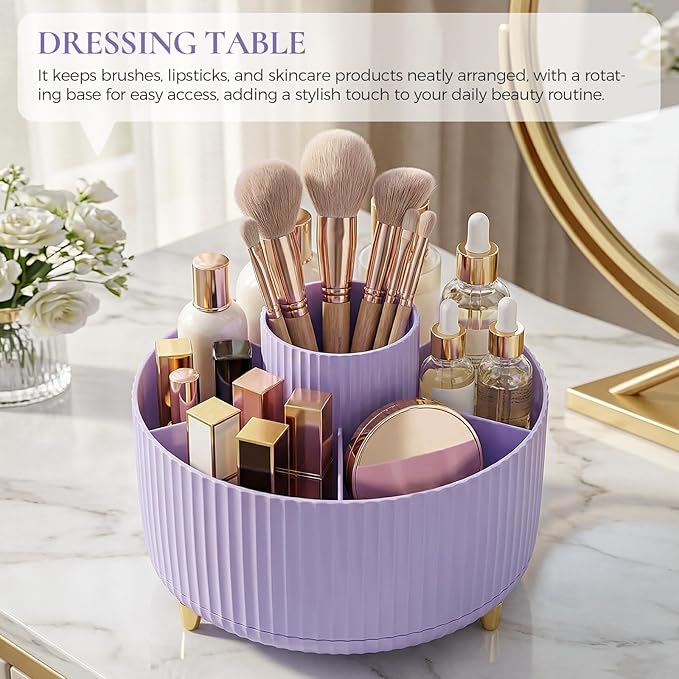 Pencil Pen Holder for Desk, 5 Slots 360-Degree Rotating Desktop Organizer, Cute Desk Organizers and Accessories for School, Home, Office and Art Supply, Purple