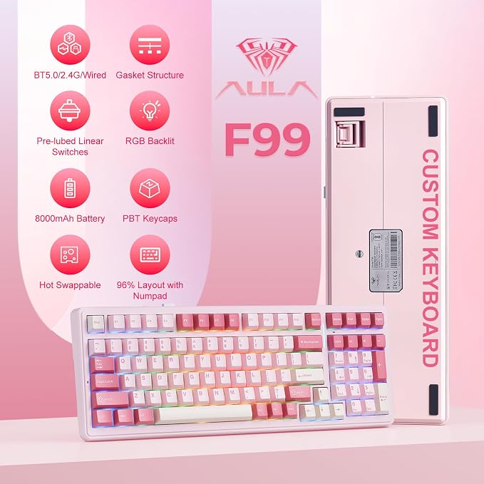Aula F99 Pink Mechanical Keyboard,Wireless Gaming Keyboard Creamy | Tri-Mode BT5.0/2.4GHz/USB-C Computer Keyboard,Hot Swappable Custom Full Size Keyboard,Strawberry Mint Switch Creamy Sound