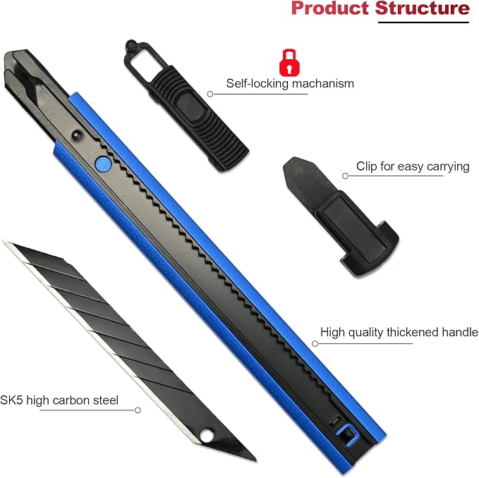 FOSHIO Retractable Utility Knife with 30 Degree Snap Off Blade 9MM, Box Cutter for Carton, Cardboard and Box, Office and Home Use, 3 Pack Blue Aluminum Handle Knife with Extra 30 Replacement Blades