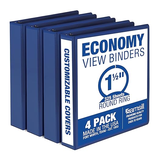 Samsill 1.5 Inch 3 Ring Binders, Economy Round Ring, Clear View Cover, 325 Sheet Capacity - for School, Home, Office - Blue, 4 Pack