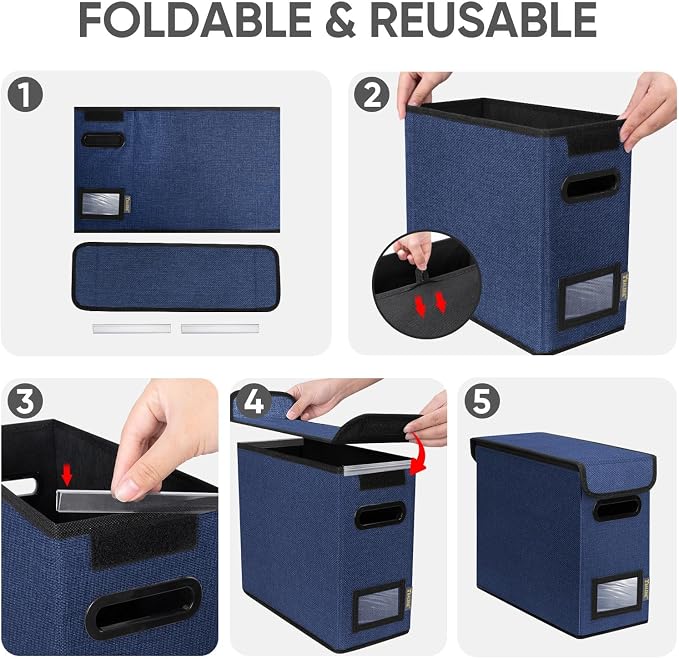BALEINE File Organizer Box with Lid, Collapsible File Folder Organizer with Plastic Slide, Hanging File Folder Box for Office Document Storage (2 Pack, Blue, S)