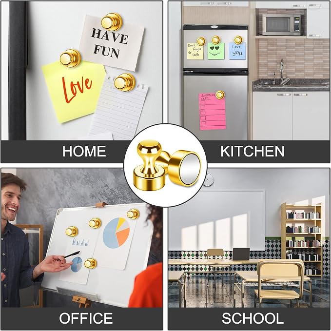 20 Pack Magnetic Push Pins, Gold Strong Fridge Magnets | Whiteboard Magnets, Refrigerator Magnets, Dry Erase Board Magnets for Fridge, Whiteboard, Office, Classroom, Kitchen, Map