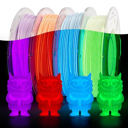 AMOLEN Silk Glow in The Dark Filament Multicolor, Glow Filament Silk Green, Blue, Purple, Orange Red 1.75mm PLA Filament, Dimensional Accuracy +/- 0.02 mm, 200g X 4 Pack