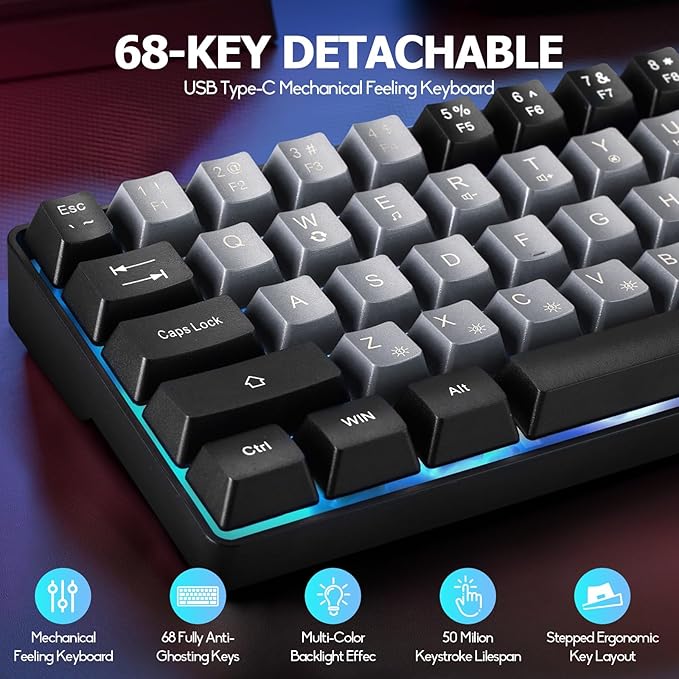 Wired Portable 60% Mechanical Feeling Gaming Keyboard,RGB LED Backlit Compact 68 Keys Mini Wired Office Keyboard for Windows Laptop PC Mac Gamer, Typist, Travel on Business Trip -Grey and Black