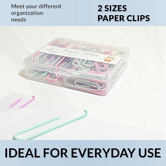 NEEWAY Colorful Paper Clips Assorted Sizes, Small and Large Paper Clips, 70 Count (Light Multicolor)