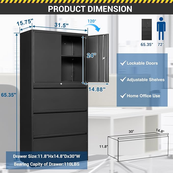 Fesbos 3 Drawers Lateral File Cabinet with Lockable Drawer and Door- Large Steel Filing Cabinet for Home Office Hanging Files Letter/Legal/F4/A4 Size