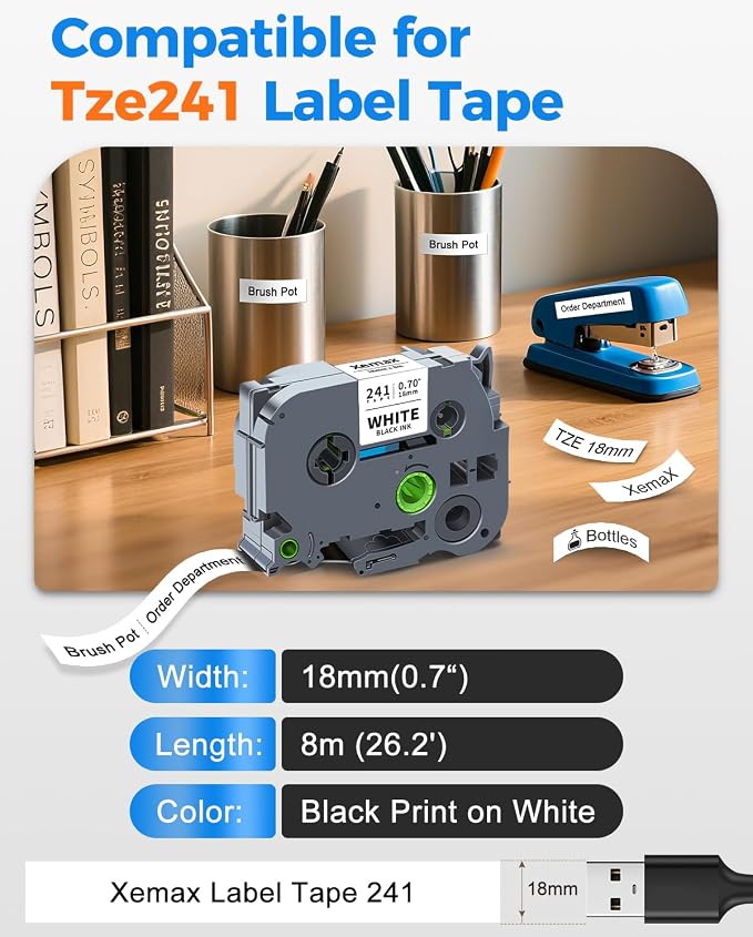 TZ-241 Tape 18mm 0.7 Laminated White Tape Compatible for Brother TZe-241 | Tze241 3/4" Tze Tz Label Tape Tze241 Refill for Brother Ptouch Label Maker PTD400 PTD410 PT-D610BT PTD460BT PTP710BT, 10 Pack