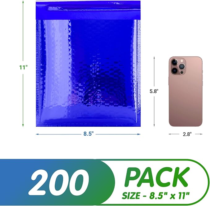 Glamour Metallic Bubble Mailers 8.5 x 11 Inches Blue, 200 Pack Padded Envelopes for Shipping, Mailing, Packaging Protection