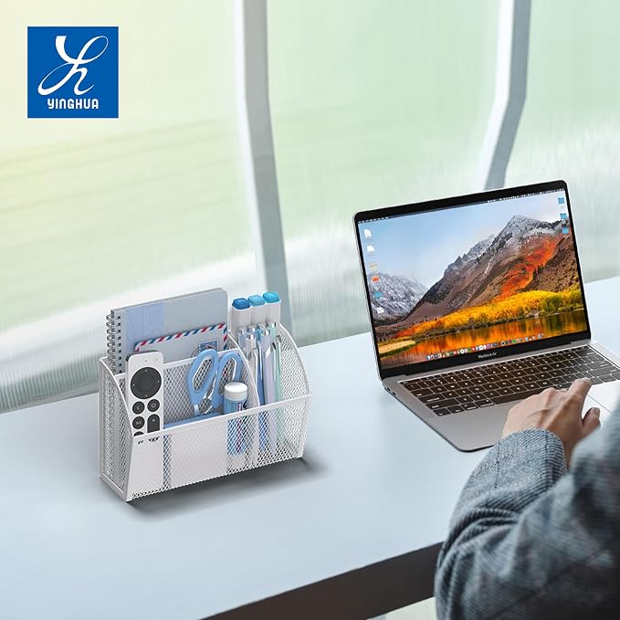 YINGHUA 3 Compartment Magnetic Metal Mesh Pen Holder, White Desk Caddy | Perfect magnetic organizer for locker, whiteboard, refrigerator, or office. Easily holds pens and accessories