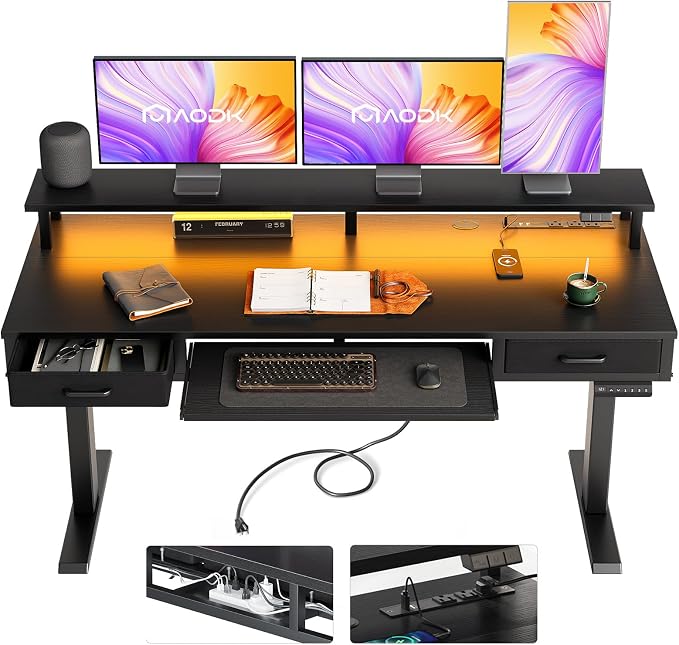 AODK 63 Inch Electric Standing Desk with Drawers & Keyboard Tray, Black | Power Outlet, LED Lights, Monitor Stand, Cable Management Tray, 3 Memory Heights, 29.9"-46.1" in Range