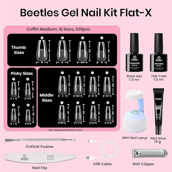 Beetles Gel Nail Kit Flat-X, Coffin Medium, 320pcs 16 Sizes Nail tips, with 15g Nail Glue Gel Hands-Free, 7.5ml Base Gel & Top Coat, Mini Lamp, for Acrylic Press On Nail, Extension DIY Set at Home
