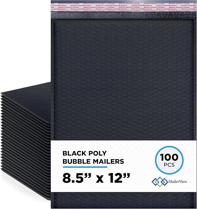Black Poly Bubble Mailers 8.5x12 inch #2 | Self Seal Padded Envelopes | Cushioned Bubble Mailer | Usable Size 8.5x11 | WaterProof | Lightweight mailing Shipping Bags | US Made | 100 Pack Bulk