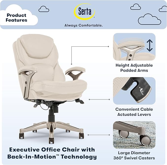 Serta Claremont Executive Office Chair with Back-In-Motion Technology, Ergonomic Mid-Back with Pivot Lumbar Support and Seat, Plush Cushion, Body Pillows, Adjustable Arms, Bonded Leather, Ivory White