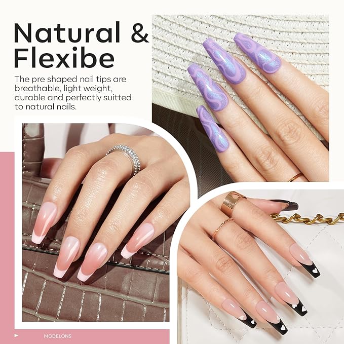 modelones X Nail Gel Kit Kit Long Coffin, 9-in-One Nail Glue with Portable U V Lamp 216Pcs 12Sizes Pre-Etched Press ons Fake Acrylic Extension Kit DIY Salon Gift for Women