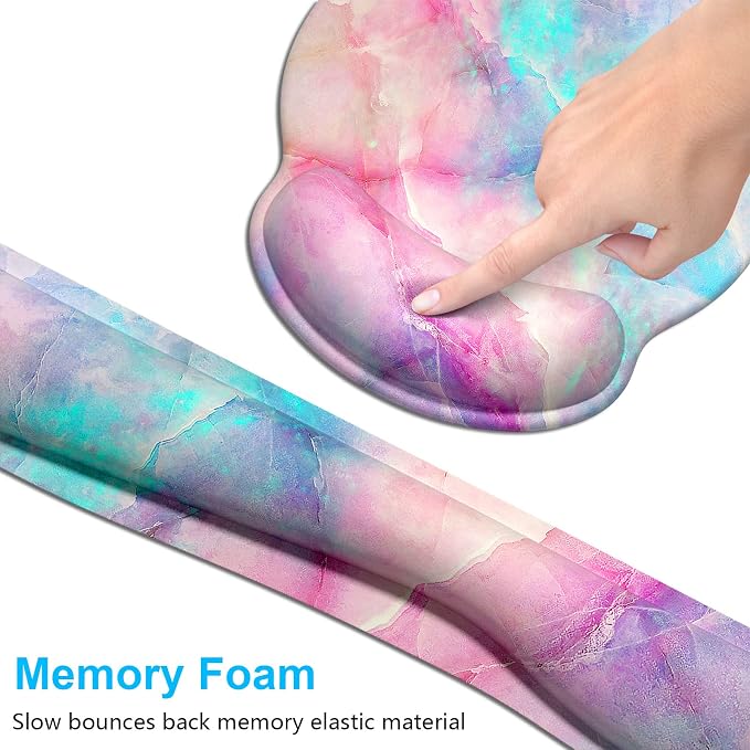 Dapesuom Keyboard Wrist Rest and Mouse Pad with Wrist Support, Cute Memory Foam Cushion for Keyboard and Mouse Set, Desktop Pad Rests with Non Slip Base for Easy Typing & Pain Relief, Colorful Marble