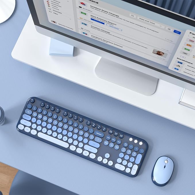 Wireless Keyboard Mouse Combo - Lovely SkyBlue-Gradient Rainbow Full-Sized Typewriter Colorful Keyboards, Round Keycap Plug Play Retro Cute Keyboards for Windows, Laptop, PC, Desktop, Computer
