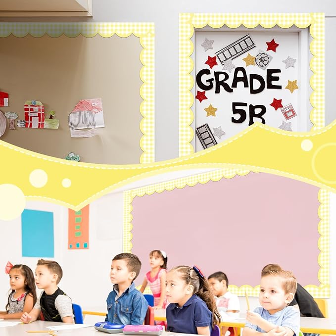 Zonon 65ft Yellow Gingham Bulletin Board Border Pastel Scalloped Bulletin Board Trim Back to School Classrooms Decoration for Party Whiteboard, Walls, Desks, Windows, Doors, Lockers