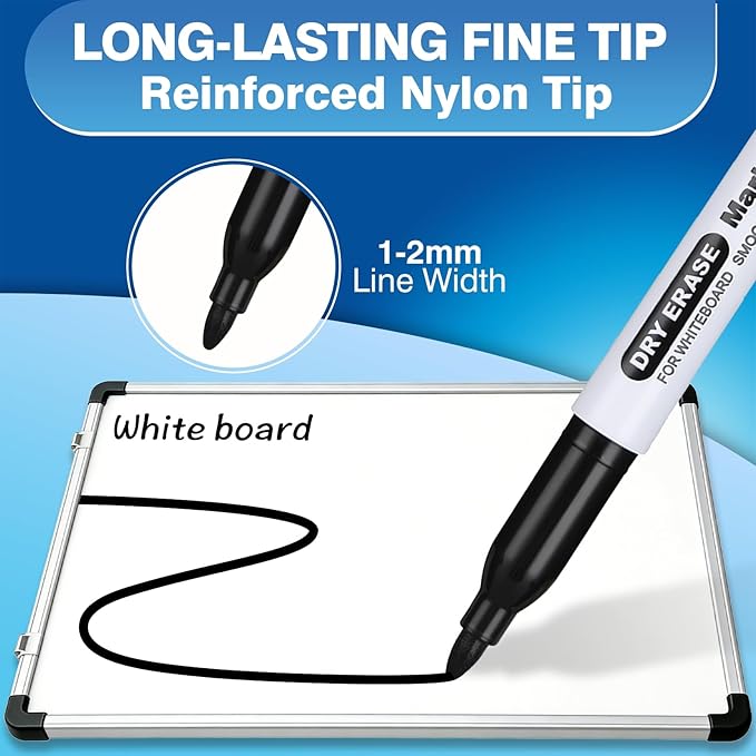 SFAIH Black Dry Erase Markers Fine Tip - 12 Pack Whiteboard Markers Standard Set For Office Teams, Teachers, Classrooms, Training Sessions | Low-Odor