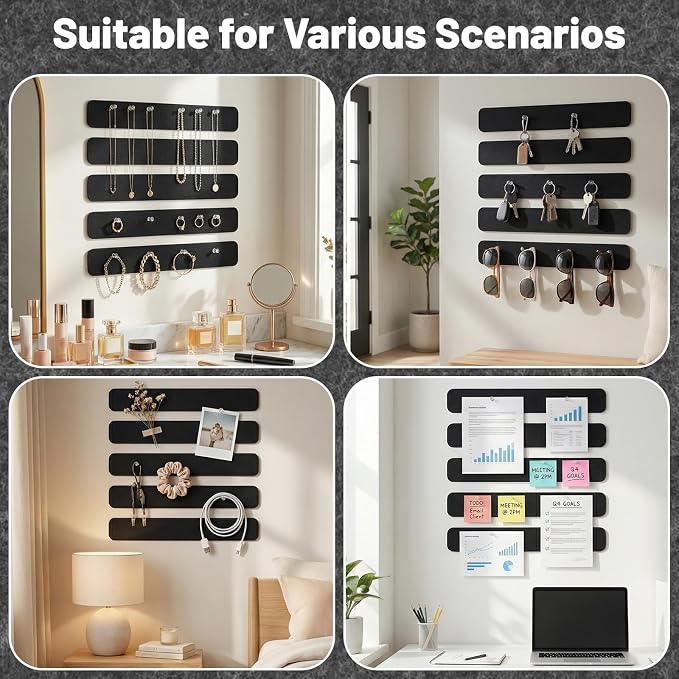 5 Pack Felt Bulletin Board Strips, 13x2 Inch Pin Board, Cork Boards | Self Adhesive, Includes 30 Pushpins, High-Density, Lightweight, for Wall Organiser, Home School Office Decor (Black)