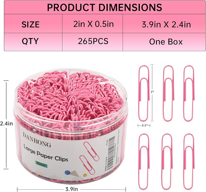 Pink Jumbo Paper Clips, 265pcs 2 Inch Paperclips, Large Pape Clips | for Paperwork Ideal for Home, School and Office Use (2 in, Pink)