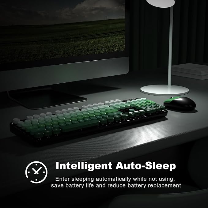 MOFII Wireless Keyboard and Mouse Combo, 2.4GHz Retro Typewriter Keyboard Full Size, Cute Wireless Mice, USB Dongle Plug and Play, for Laptop, PC, Desktop, Windows (Black Green Gradient Color)