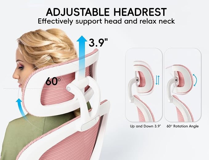 TRALT Office Chair - Ergonomic Desk Chair with Headrest Support for Adults | Home Office Desk Chair with Lumbar Support - Ergonomic Mesh Chairs 330 lb Wide Seat with Headrest, Comfy Desk Chair(Pink)