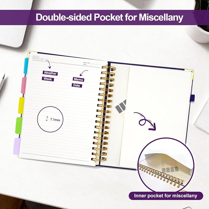 Hardcover Spiral Notebook Journal with Removable Dividers Tabs | 320 Pages, 5 Subject Notebooks College Ruled, 8"x10" Large B5 Leather for Work & School, Lined Journal for Women