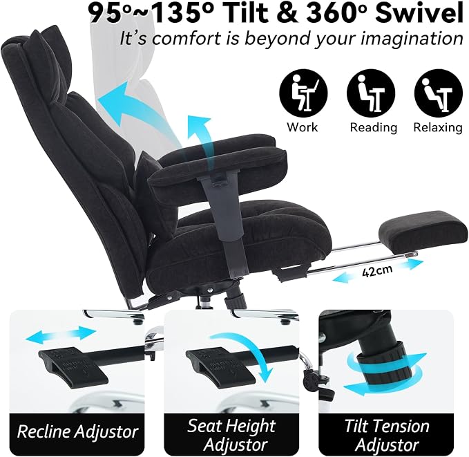 Efomao Executive Office Chair 400lbs, Black Fabric Big and Tall Desk Chair | Breathable fabric, pocket spring & foam seat, retractable footrest, 135° recline for computer gaming setup