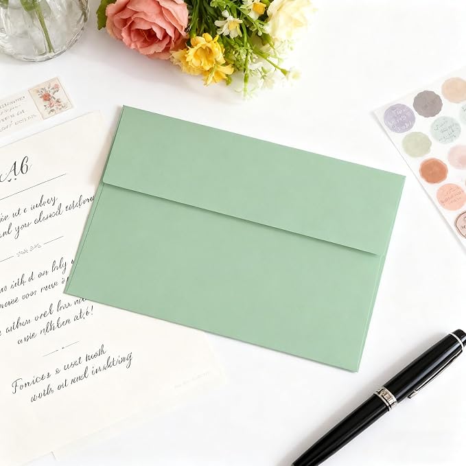 100 Packs 5x7 Sage Green Envelopes, A7 Envelopes for Invitation | 120gsm envelopes, 5.25x7.25 inch fits 5x7 cards, peel & press, for weddings/cards/baby shower/photos/graduation/postcards
