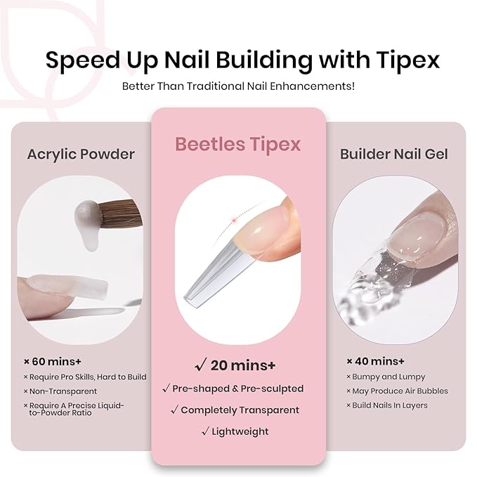 Beetles Tipex Instant Apex Nail Tips, Long Coffin, 16 Sizes |00–14, 192pcs, Built-In Apex, No Builder Gel Required, Thicker Strong Acrylic Tips for DIY Nail Extensions
